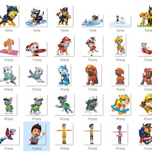 May include: A collection of 60 images featuring a cartoon dog character, Paw Patrol, in various poses and settings. The images are organized in a grid format and each image is labeled with a number and the file extension .png.