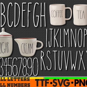 Peut inclure: Deux tasses en céramique blanche avec les mots "Coffee" et "Tea" dessus. Un pot à sucre en céramique blanche avec le mot "Sugar" dessus. Un pot à crème en céramique blanche avec le mot "Cream" dessus. Un ensemble de lettres et de chiffres blancs soulignés, comprenant l'alphabet et les chiffres de 1 à 9 et 0.