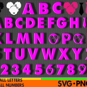 May include: Pink alphabet letters and numbers with a cartoon character design. The letters are uppercase and the numbers are in a bold font. The letters A, B, C, and the number 0 have a cartoon character design. The text "ALL LETTERS" and "ALL NUMBERS" is at the bottom of the image. The text "SVG:PNG" is at the bottom right of the image.
