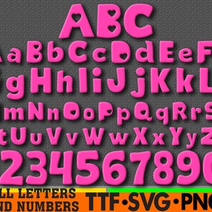 May include: Pink alphabet letters and numbers with a heart design. The letters are uppercase and lowercase. The numbers are 1 through 0. The text at the bottom of the image reads "ALL LETTERS AND NUMBERS TTF.SVG.PNG".