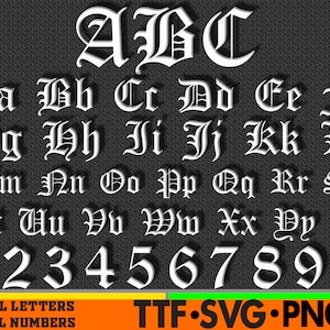 May include: White alphabet letters and numbers in a gothic font style. The letters are uppercase and lowercase. The numbers are 1 through 0. The letters and numbers are on a black background.