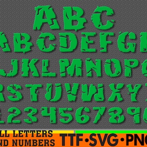 May include: Green alphabet and numbers with a distressed, cracked, or worn look. The letters and numbers are in a bold, blocky font. The text at the bottom reads "ALL LETTERS AND NUMBERS TTF.SVG.PNG".