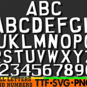 May include: White uppercase letters A through Z and numbers 1 through 9 in a bold, sans-serif font. The letters and numbers are arranged in three rows. The background is black. The text "ALL LETTERS AND NUMBERS TTF.SVG.PNG" is at the bottom of the image.