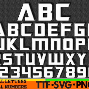 May include: White uppercase letters A through Z and numbers 1 through 9 in a bold, blocky font style. The letters and numbers are set against a dark gray background. The text "ALL LETTERS ALL NUMBERS TTF.SVG.PNG" is at the bottom of the image.