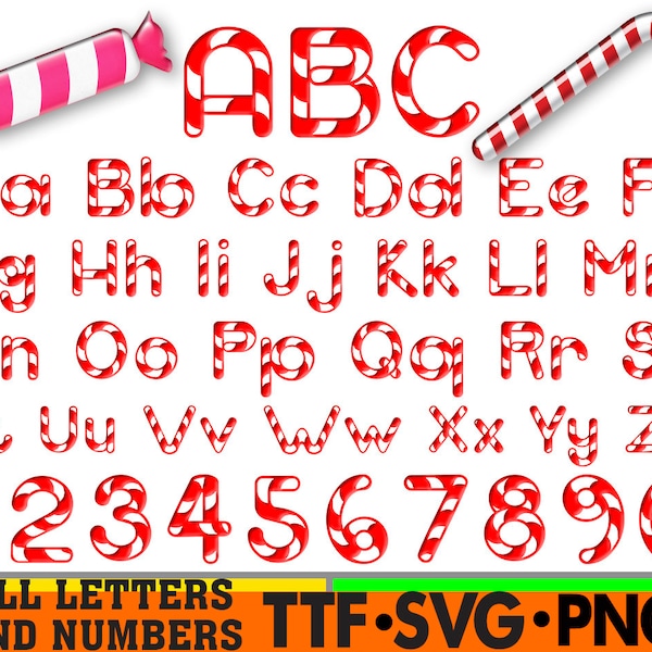 Candy Cane Christmas Alphabet & Numbers Clip Art Digital Download Font Letters Candy Sweets Stripe Scrapbooking Printable Graphics Holiday