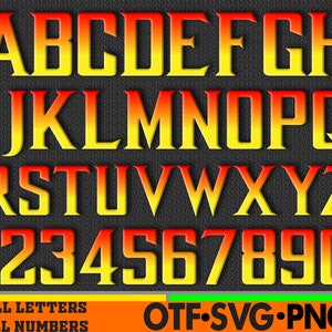 May include: A fiery red and yellow gradient font set with uppercase letters A through Z and numbers 1 through 0. The font is bold and has a slightly 3D effect. The text "ALL LETTERS ALL NUMBERS OTF.SVG.PNG" is at the bottom of the image.
