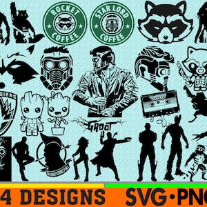Héros de cinéma SVG PNG super-héros Clipart Bundle Svg PNG Bundle For Cricut Silhouette File Instant Télécharger Digital Rocket Raccoon svg png