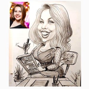 May include: A black and white caricature drawing of a woman with long blonde hair. She is sitting at a desk with an abacus in front of her. She is holding a pen in her right hand and is looking at the abacus.