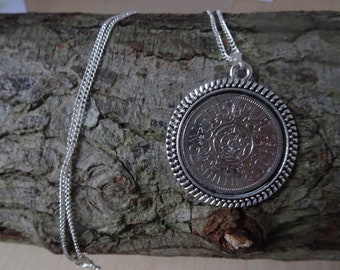 Two Shilling Necklace Sterling Silver with Pendant containing Two Shilling Coin - choose date