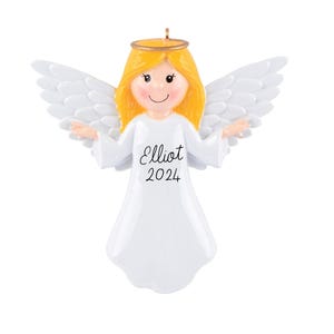 Angel Ornament - Personalized Gold White Angel Girl Ornament, Christmas Tree Holiday Gift Angel Figurine Baptism Baby Girl Ornament