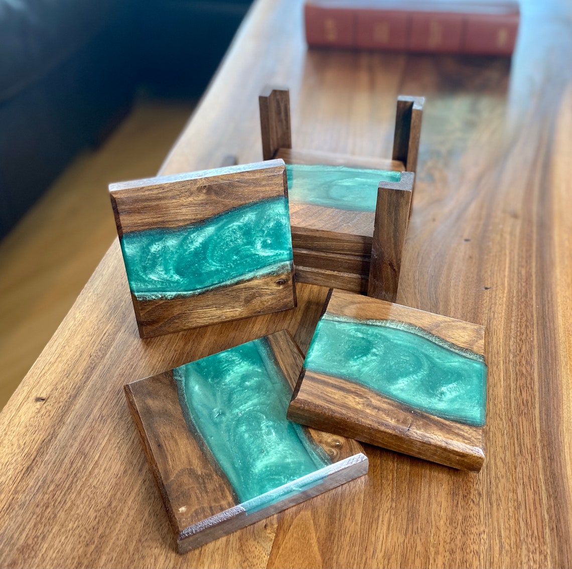 Walnut Epoxy River Coasters Hunter Green Set of Five With Etsy
