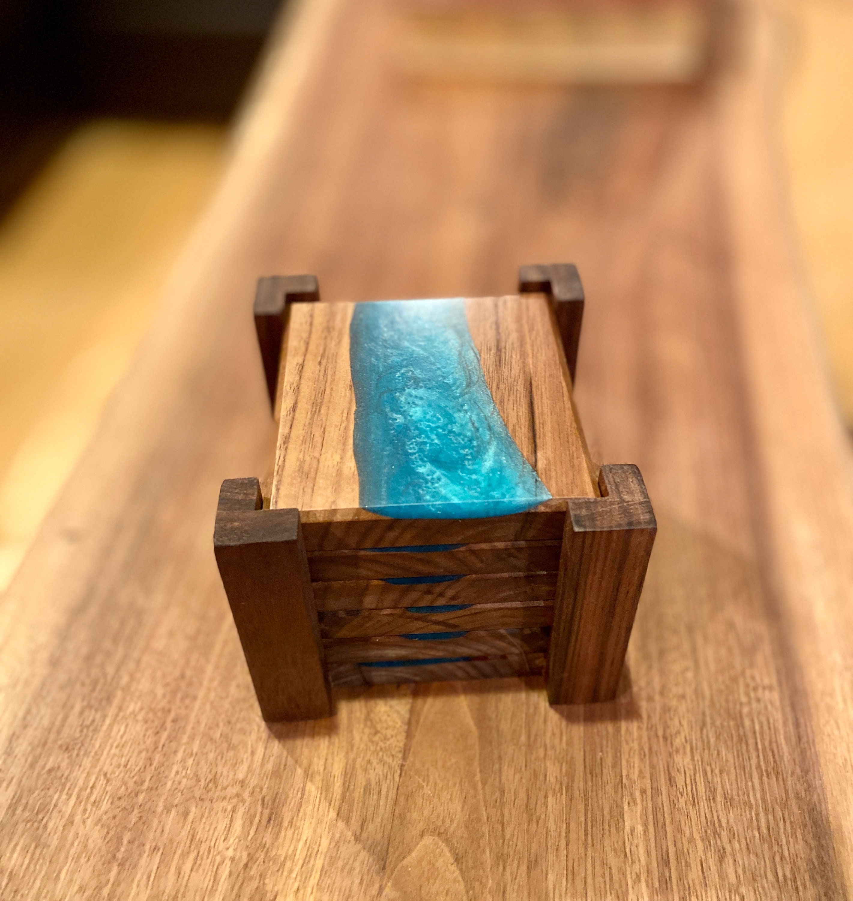 Walnut Epoxy River Coasters Bora Bora Blue Set of Five Etsy Canada