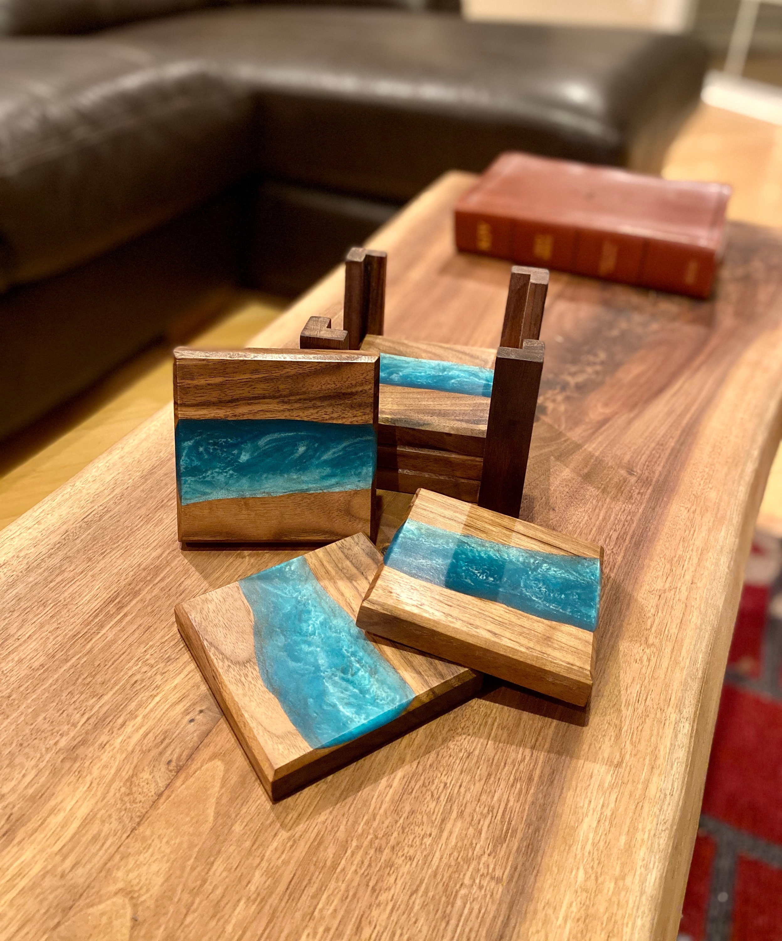 Walnut Epoxy River Coasters Bora Bora Blue Set of Five Etsy Canada