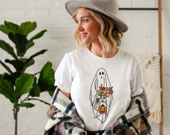 Camisa fantasma de Halloween, camisa de fiesta de Halloween, camisa fantasma floral, camisa de Halloween de truco o pista, camiseta para hombres, camiseta para mujeres