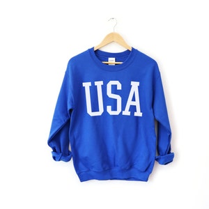 Moletom EUA – Bandeira Americana – Estados Unidos – Moletom 4 de julho – Camisa patriótica – Vermelho, branco e azul – Moletom unissex com gola redonda