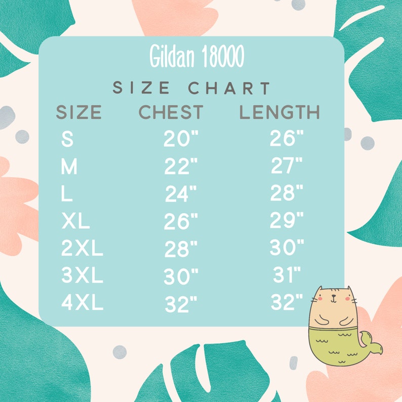 Pode incluir: Uma tabela de tamanhos para camisas Gildan 18000, mostrando as medidas de peito e comprimento em polegadas para os tamanhos S a 4XL.