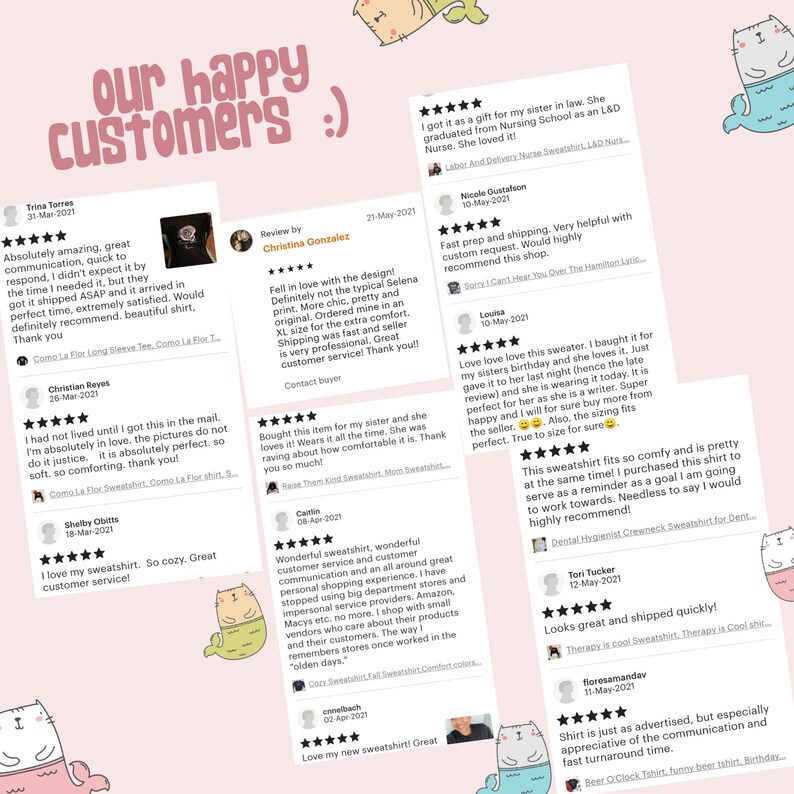 May include: A collage of customer reviews for a sweatshirt with a variety of positive comments and five-star ratings. The reviews highlight the quality, comfort, and customer service of the product. The text includes phrases like "love love love this sweater", "absolutely in love", "so cozy", "great customer service", "perfect", "comfortable", "fast shipping", and "highly recommend".