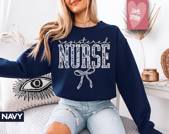 Bow Registered Nurse Sweatshirt, Nurse Practitioner Sweatshirt, Emergency Nurse Sweatshirt, Embroidered Nurse Sweatshirt, New Nurse Gift