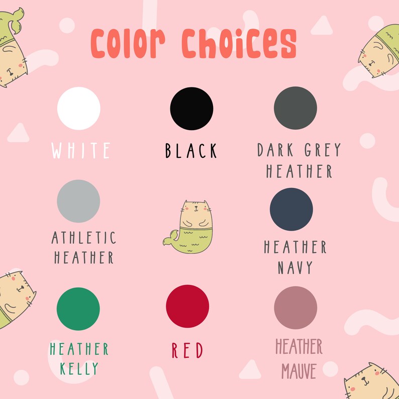 Puede incluir: Opciones de color para un dise&ntilde;o de camiseta con un gato sirena. Los colores incluyen blanco, negro, gris oscuro jaspeado, jaspeado atl&eacute;tico, azul marino jaspeado, verde jaspeado, rojo y malva jaspeado.