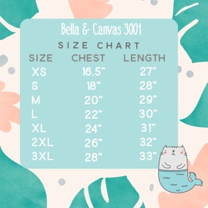 Puede incluir: Una tabla de tallas para la ropa Bella + Canvas 3001, que muestra las medidas de pecho y longitud en pulgadas para las tallas XS a 3XL.