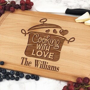 Cooking With Love Cutting Board Personalized, Custom Cutting Board, Kitchen Decor, Family Gift, Engraved Walnut Cutting Board Large, Wooden