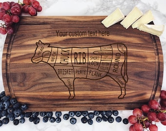 Engraved Butcher Beef Cuts Cutting Board 18x12 with Groove Chef Gift or Kitchen Display Classic Wedding Gift with Personalization