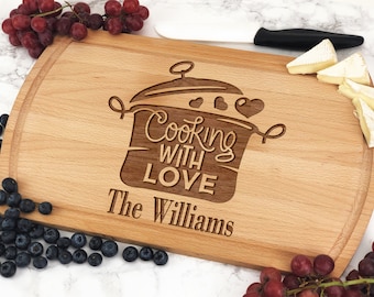 Cooking With Love Cutting Board Personalized, Custom Cutting Board, Kitchen Decor, Family Gift, Engraved Walnut Cutting Board Large, Wooden