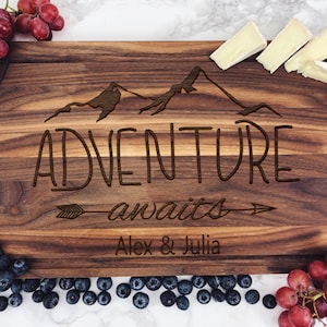 Adventure Awaits Personalized Cutting Board, Wooden Anniversary Gift, Custom Cutting Board, Engraved Cutting Board, Customized Cutting Board