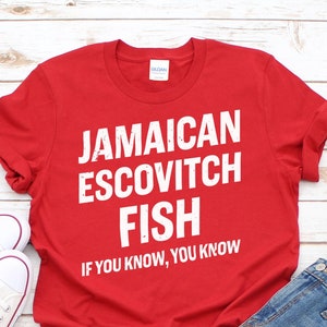 Jamaican Escovitch Fish Graphic T-shirt | Jamaica Food Lover Tee | Caribbean Vintage Shirt | Unisex Personalised Jamaican Cultural Gift