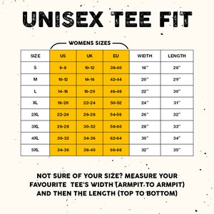 Pu&ograve; includere: Una tabella delle taglie per t-shirt unisex, con misure in pollici. La tabella include le taglie dalla S alla 5XL, con le corrispondenti taglie USA, Regno Unito e UE. Il testo in alto recita "UNISEX TEE FIT". Il testo in basso consiglia di misurare una t-shirt preferita.