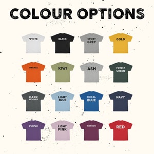 Pu&ograve; includere: Esposizione di magliette in vari colori, tra cui bianco, nero, grigio sport, oro, arancione, kiwi, cenere, verde foresta, grigio scuro, azzurro, blu reale, blu navy, viola, rosa chiaro, amaranto e rosso. Il testo "COLOUR OPTIONS" &egrave; in alto.