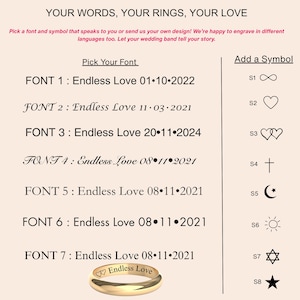 May include: A chart displaying seven font options and eight symbols for ring engraving. The text reads: YOUR WORDS, YOUR RINGS, YOUR LOVE. Pick Your Font, Add a Symbol, and examples like FONT 1: Endless Love 01.10.2022. A gold ring is at the bottom.