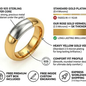 May include: A two-tone ring featuring a solid 925 sterling silver core and a heavy yellow gold vermeil finish. The band has a smooth, rounded comfort fit profile and includes an official 925 stamp on the interior surface of the gold band.