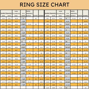 May include: A ring size chart with a tan background and black text. The table displays columns for inside diameter in millimeters and inches, inside circumference in millimeters, and ring sizes for US, Canada, UK, Australia, Europe, and Germany.