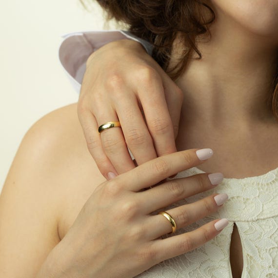 His and Hers Wedding Bands Set, Comfort Fit Yellow Gold Vermeil Rings, Matching Couple Rings, Free Engraving, Dome Bands for