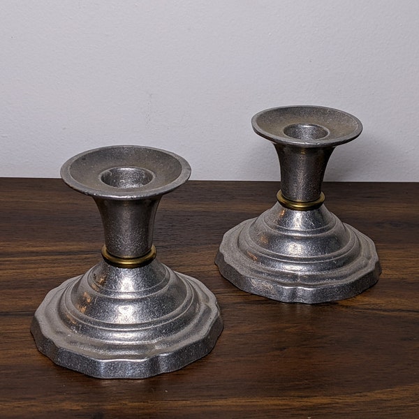 PAIR of Vintage Pewter Candleholders, Scalloped Shape - Wilton Columbia PA 1973