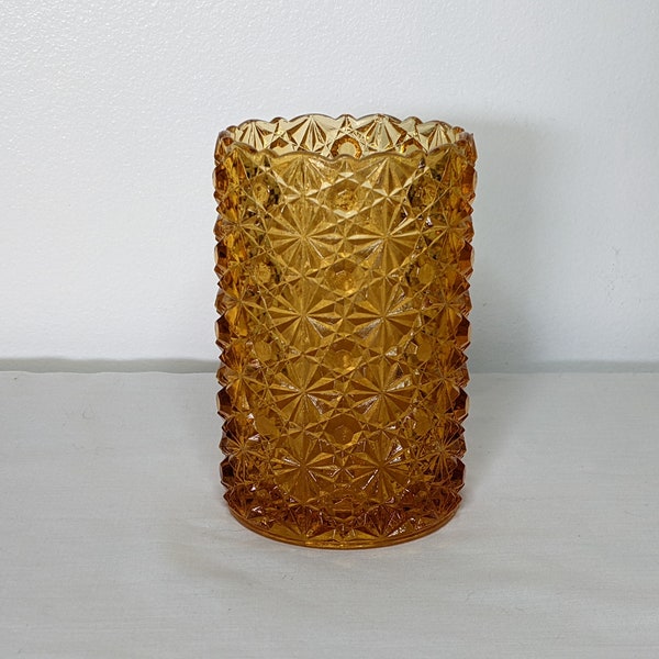 Small Vintage Amber Cylinder Vase with Four Little Feet - Daisy and Button Pattern