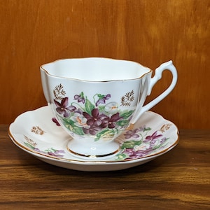 Vintage Queen Anne Cup and Saucer Set - Violets with Gold Accents