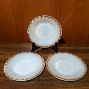 SET of 3 - Fire King Saucers, Milk Glass with Speckled Gold Border