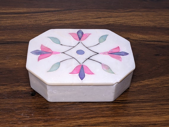 Vintage Alabaster Lidded Box, Pink and Blue Pearl… - image 1