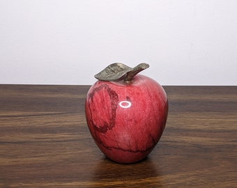 Red Stone Apple Paper Weight - Brass Stem and Leaf