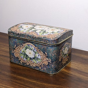 Small Floral Chest Tin, White Roses and Ornate Filigree - Keller Charles of Philadelphia