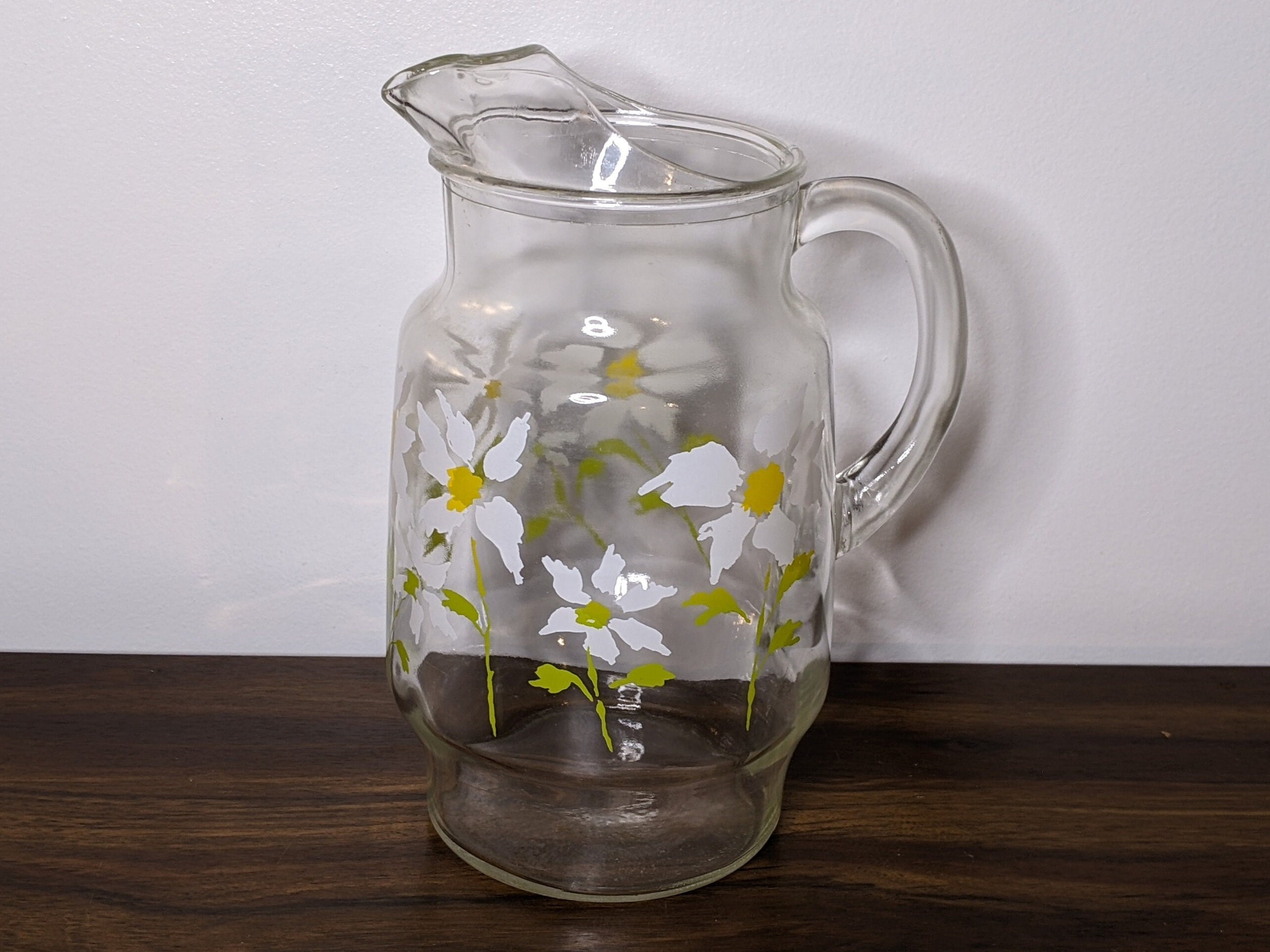 Early Hand Painted Floral Clear Glass Ribbed Pitcher - Ruby Lane