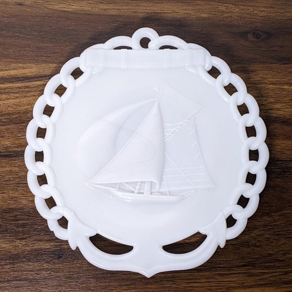 Vintage Westmoreland Milk Glass Plate - Sail Boat with Rope and Anchor Border
