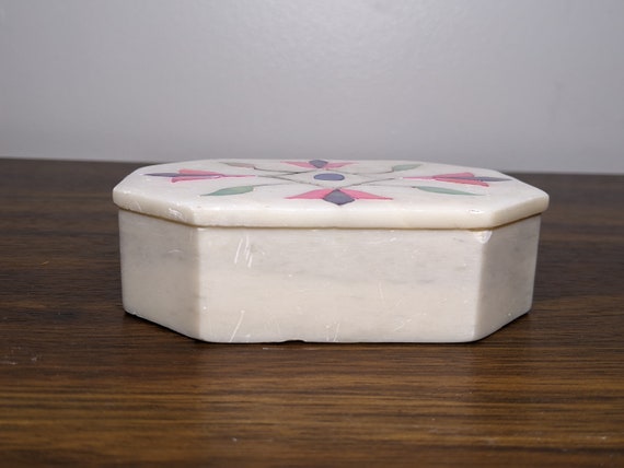 Vintage Alabaster Lidded Box, Pink and Blue Pearl… - image 6