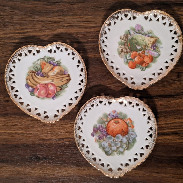 SET of 3 Napco Heart Shaped Plates with Fruit Imagery and Heart Shaped Lattice Edges  IM1381