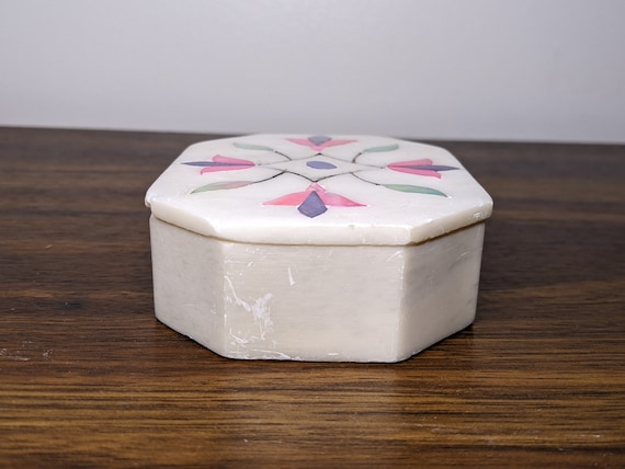 Vintage Alabaster Lidded Box, Pink and Blue Pearl… - image 7