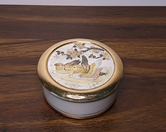 Japanese Chokin Lidded Trinket Box - Round, Birds on Water, 24K Gold Accents