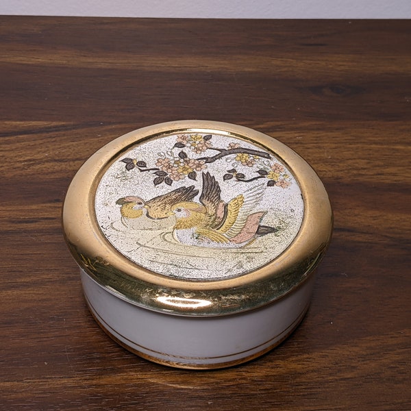 Japanese Chokin Lidded Trinket Box - Round, Birds on Water, 24K Gold Accents