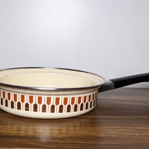 Vintage Enamel Saute Pan, Retro Orange and Brown Geometric Pattern, Moneta Italy